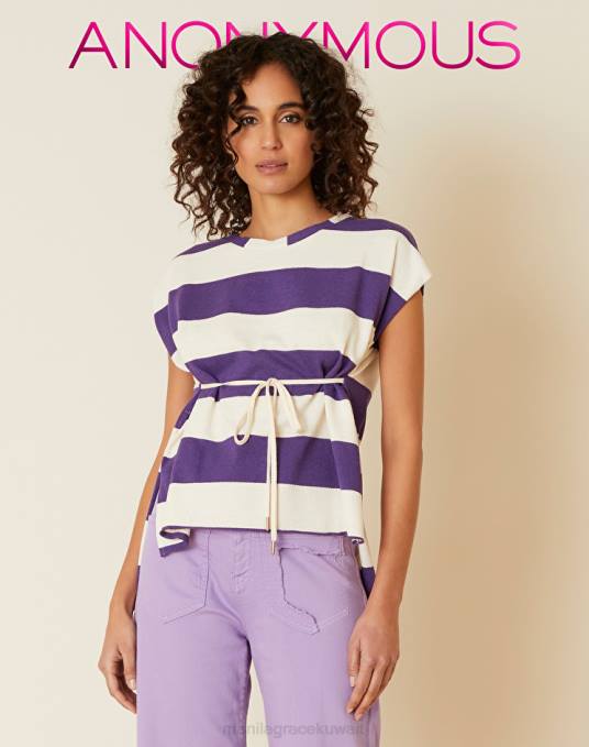 Manila Grace ملابس نحيف بنفسجي/أبيض سويت شيرت بأكمام قصيرة من مزيج القطن Z2TJ205