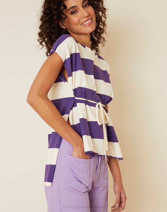 Manila Grace ملابس نحيف بنفسجي/أبيض سويت شيرت بأكمام قصيرة من مزيج القطن Z2TJ205