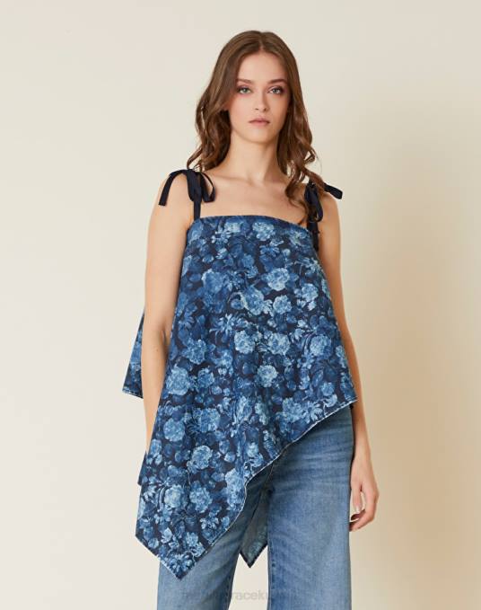 Manila Grace ملابس نحيف أزرق غامق جزء علوي غير متماثل من قماش الدنيم المطبوع Z2TJ208