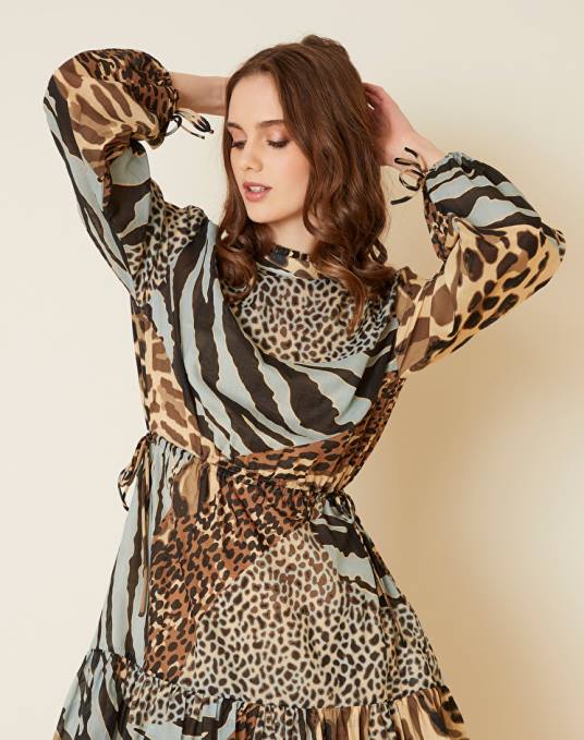 Manila Grace ملابس نحيف الغبار الأزرق فستان من القطن بكشكشة وطبعات حيوانية Z2TJ20