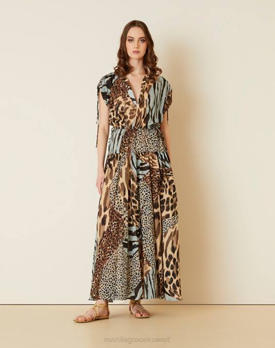 Manila Grace ملابس نحيف الغبار الأزرق فستان طويل من القطن بطبعات الحيوانات Z2TJ21