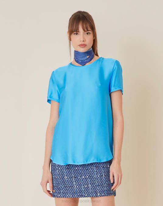 Manila Grace ملابس نحيف ازرق غامق بلوزة بلون سادة وأكمام قصيرة Z2TJ216