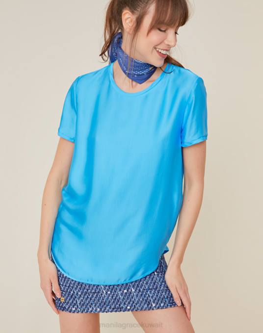 Manila Grace ملابس نحيف ازرق غامق بلوزة بلون سادة وأكمام قصيرة Z2TJ216