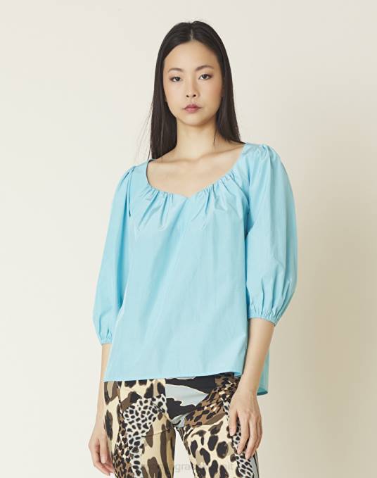 Manila Grace ملابس نحيف الفيروز بلوزة مجمعة من مزيج القطن Z2TJ218