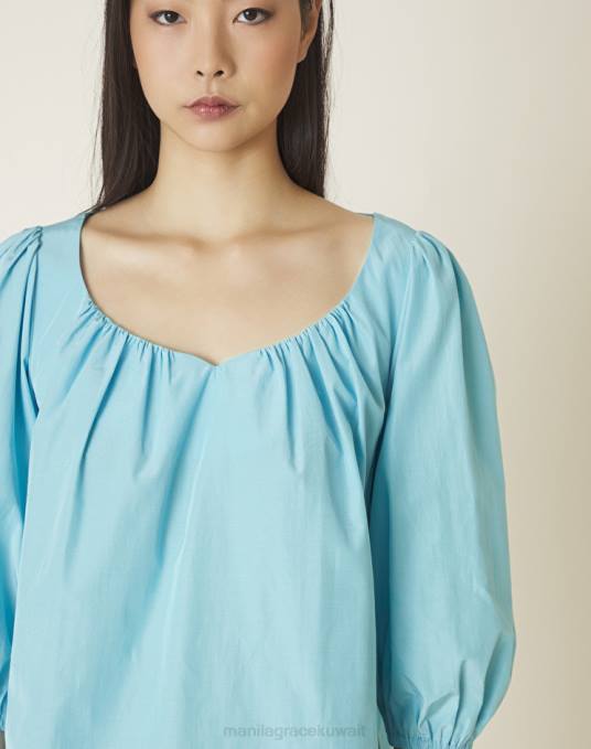 Manila Grace ملابس نحيف الفيروز بلوزة مجمعة من مزيج القطن Z2TJ218