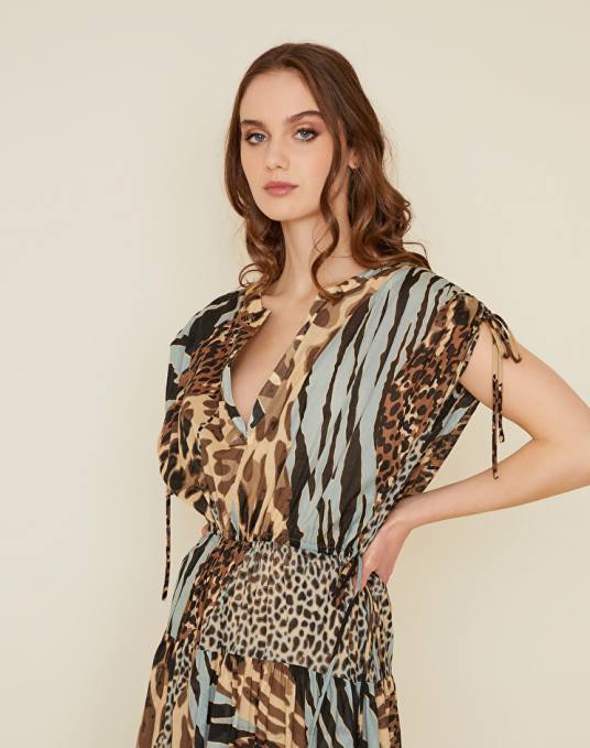 Manila Grace ملابس نحيف الغبار الأزرق فستان طويل من القطن بطبعات الحيوانات Z2TJ21