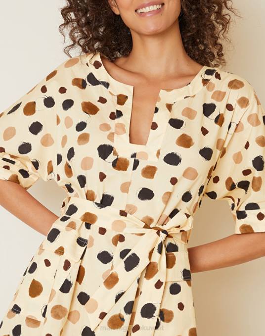 Manila Grace ملابس نحيف البيج الرملي فستان كيميائي ميدي مع نقاط البولكا Z2TJ22