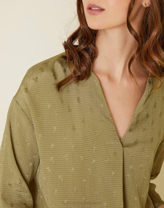 Manila Grace ملابس نحيف الأخضر العسكري بلوزة من النسيج القطني مع طية أمامية Z2TJ223