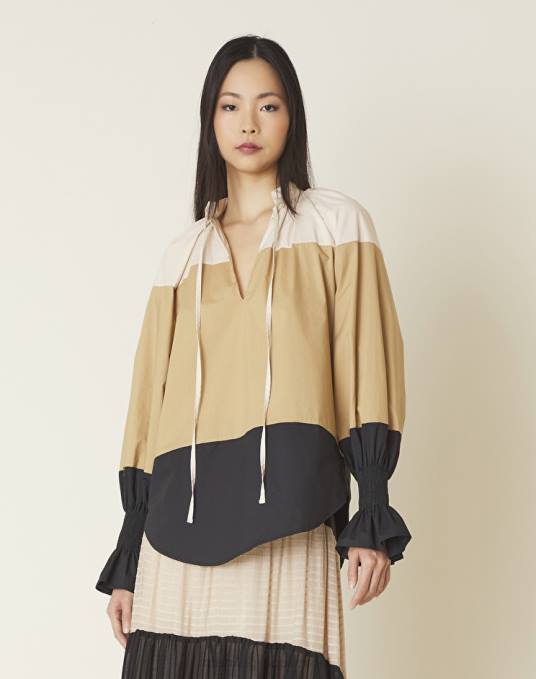 Manila Grace ملابس نحيف رملي/كاكي/أسود بلوزة قطنية مع ربطات عنق Z2TJ224