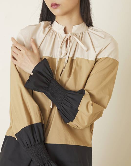 Manila Grace ملابس نحيف رملي/كاكي/أسود بلوزة قطنية مع ربطات عنق Z2TJ224