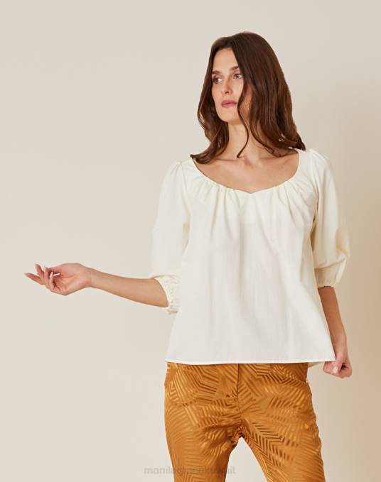 Manila Grace ملابس نحيف حليب ابيض بلوزة مجمعة من مزيج القطن Z2TJ225