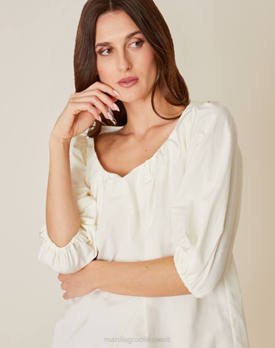 Manila Grace ملابس نحيف حليب ابيض بلوزة مجمعة من مزيج القطن Z2TJ225