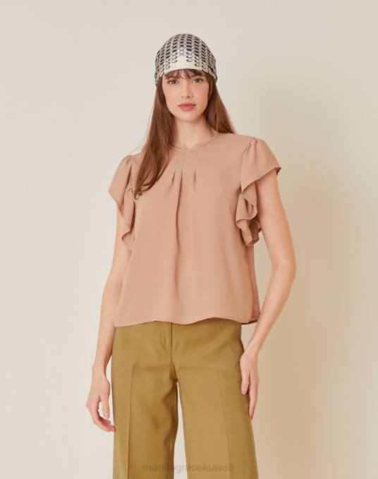 Manila Grace ملابس نحيف كاكي الأخضر بلوزة بأكمام كشكش Z2TJ228