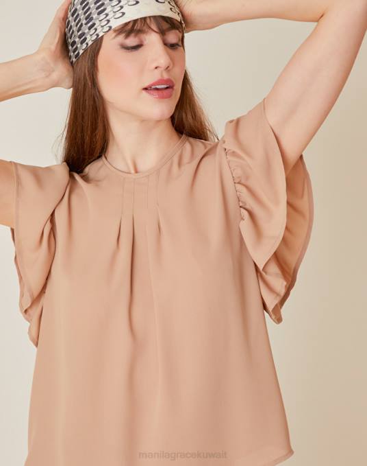 Manila Grace ملابس نحيف كاكي الأخضر بلوزة بأكمام كشكش Z2TJ228