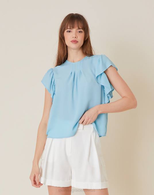 Manila Grace ملابس نحيف الفيروز بلوزة بأكمام كشكش Z2TJ237