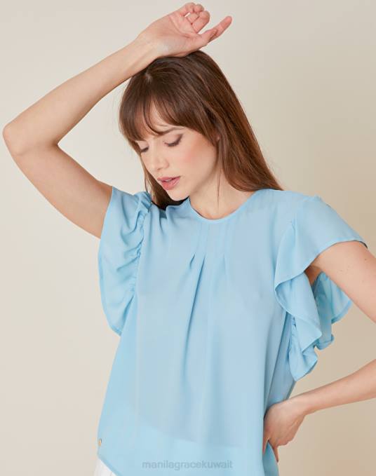 Manila Grace ملابس نحيف الفيروز بلوزة بأكمام كشكش Z2TJ237