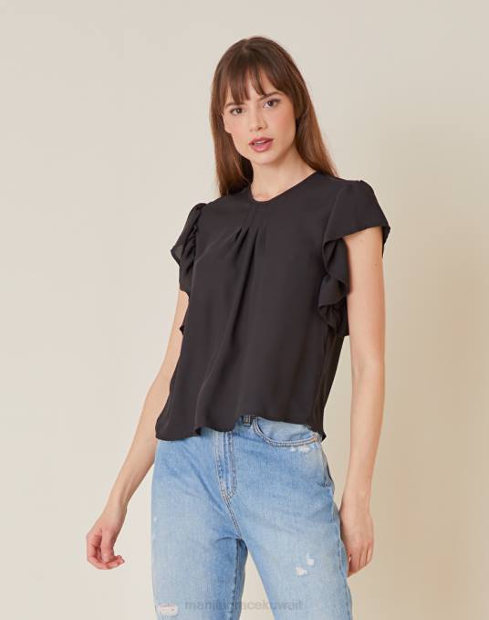 Manila Grace ملابس نحيف أسود بلوزة بأكمام كشكش Z2TJ238