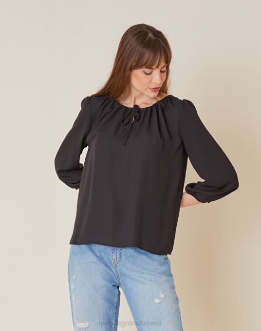 Manila Grace ملابس نحيف أسود بلوزة بأكمام ثلاثة أرباع Z2TJ239