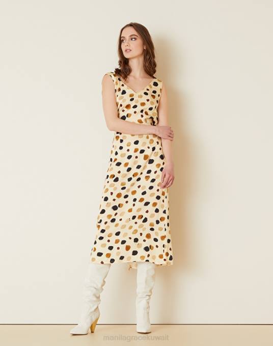 Manila Grace ملابس نحيف البيج الرملي فستان ميدي مع نقاط البولكا Z2TJ23