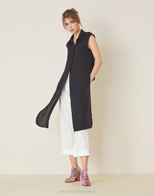 Manila Grace ملابس نحيف أسود قميص ملفوف قصير Z2TJ240