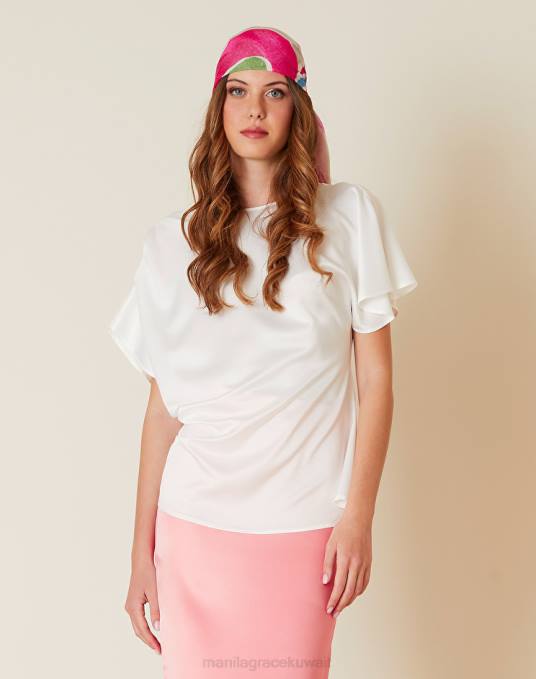 Manila Grace ملابس نحيف حليب ابيض بلوزة ساتان غير متماثلة Z2TJ244