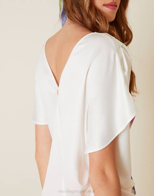 Manila Grace ملابس نحيف حليب ابيض بلوزة ساتان غير متماثلة Z2TJ244