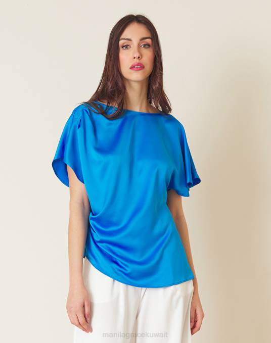 Manila Grace ملابس نحيف ازرق غامق بلوزة ساتان غير متماثلة Z2TJ245