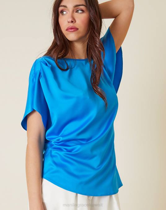 Manila Grace ملابس نحيف ازرق غامق بلوزة ساتان غير متماثلة Z2TJ245
