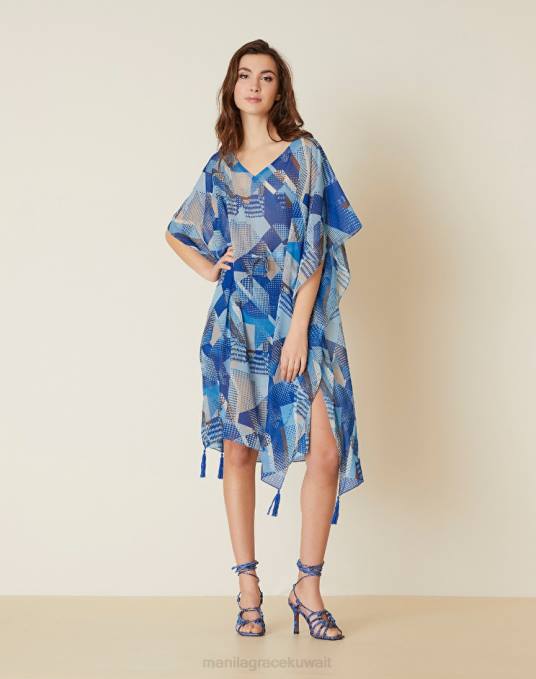 Manila Grace ملابس نحيف محيط أزرق قفطان شيفون مع طباعة مرقعة Z2TJ246