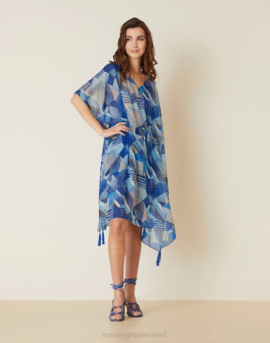 Manila Grace ملابس نحيف محيط أزرق قفطان شيفون مع طباعة مرقعة Z2TJ246