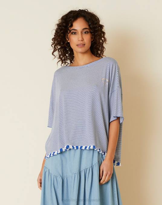 Manila Grace ملابس نحيف المحيط الأزرق / الحليب الأبيض قمة مخططة مع هامش Z2TJ247