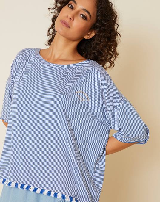 Manila Grace ملابس نحيف المحيط الأزرق / الحليب الأبيض قمة مخططة مع هامش Z2TJ247