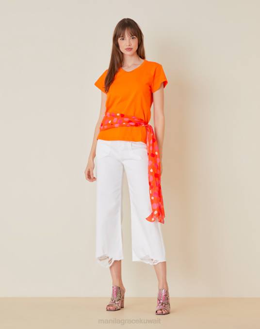 Manila Grace ملابس نحيف البرتقالي تي شيرت من القطن بتفاصيل نقاط متباينة Z2TJ248