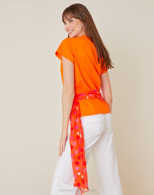 Manila Grace ملابس نحيف البرتقالي تي شيرت من القطن بتفاصيل نقاط متباينة Z2TJ248