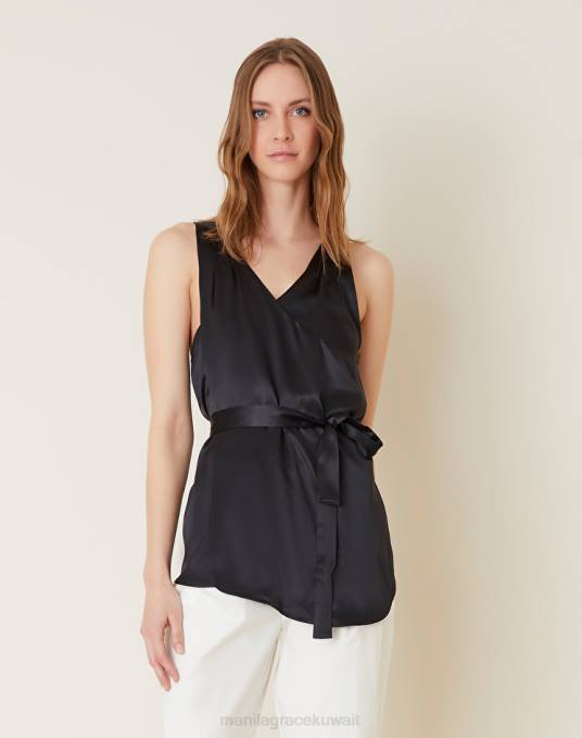 Manila Grace ملابس نحيف أسود لف الجزء العلوي بالحرير Z2TJ253