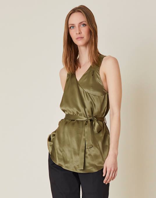 Manila Grace ملابس نحيف الأخضر العسكري لف الجزء العلوي بالحرير Z2TJ254