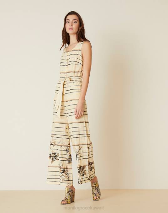 Manila Grace ملابس نحيف البيج الرملي بذلة مع طباعة مخططة وزهرية Z2TJ26