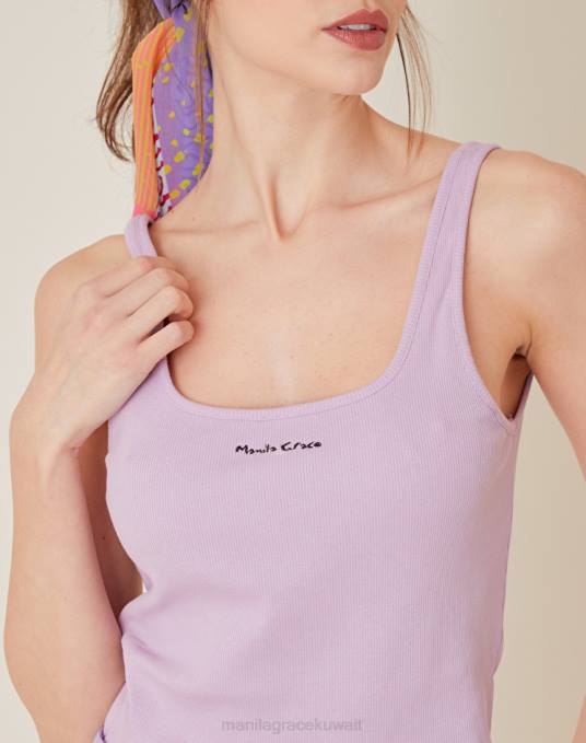 Manila Grace ملابس نحيف الخزامى قميص بدون أكمام من القطن مع طباعة الشعار Z2TJ260