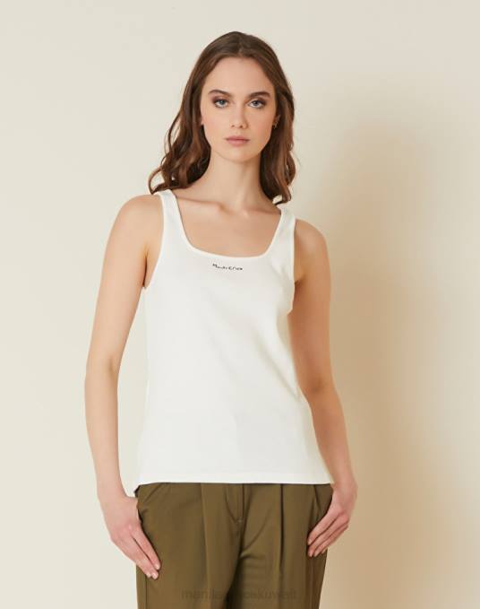 Manila Grace ملابس نحيف حليب ابيض قميص بدون أكمام من القطن مع طباعة الشعار Z2TJ261