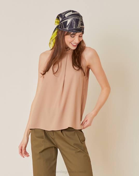 Manila Grace ملابس نحيف كاكي الأخضر قمة بلا أكمام مع هدب Z2TJ269