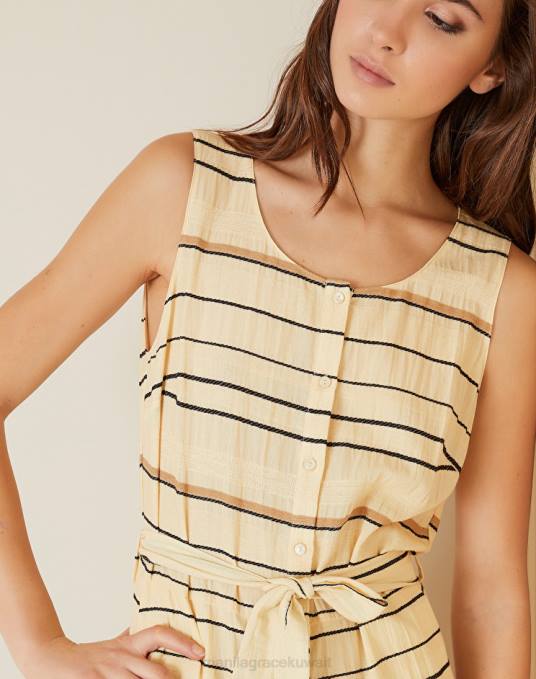 Manila Grace ملابس نحيف البيج الرملي بذلة مع طباعة مخططة وزهرية Z2TJ26