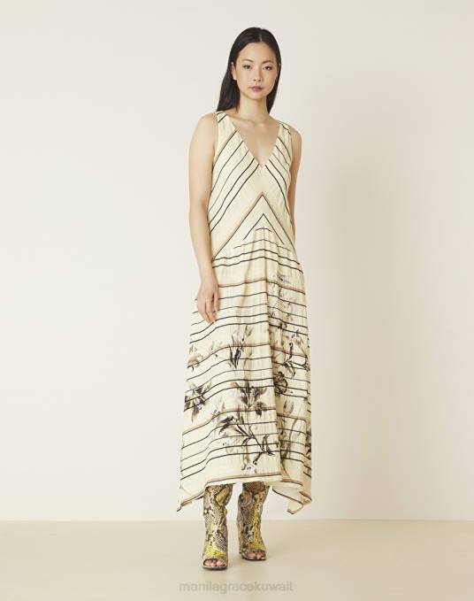 Manila Grace ملابس نحيف البيج الرملي فستان بطبعات مخططة وزهرية Z2TJ27