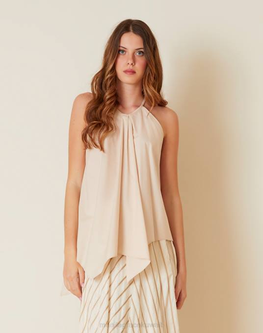 Manila Grace ملابس نحيف البيج الرملي بلوزة غير متماثلة من قماش البوبلين القطني Z2TJ270