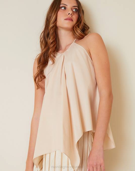 Manila Grace ملابس نحيف البيج الرملي بلوزة غير متماثلة من قماش البوبلين القطني Z2TJ270