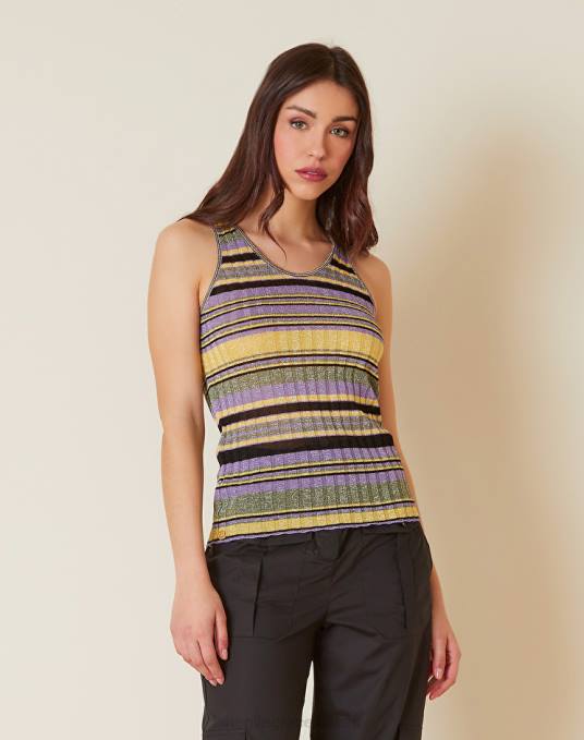 Manila Grace ملابس نحيف الأخضر الحمضي جزء علوي متماسك ومضلع مع خطوط Z2TJ273