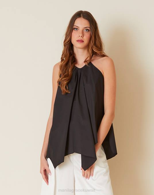 Manila Grace ملابس نحيف أسود بلوزة غير متماثلة من قماش البوبلين القطني Z2TJ274