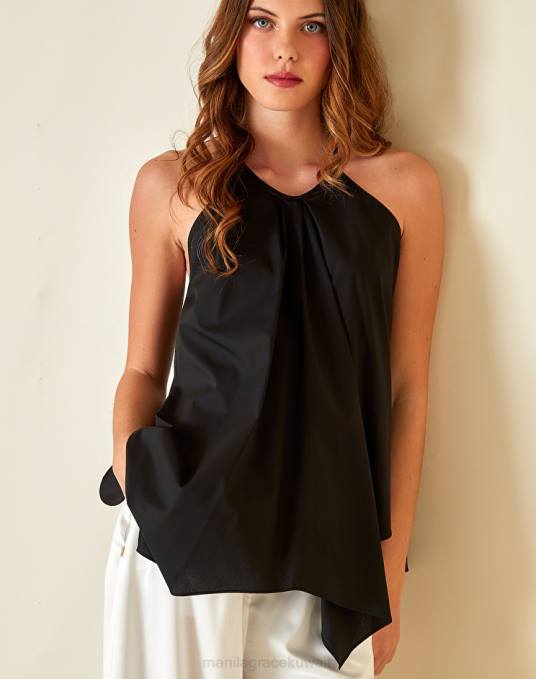 Manila Grace ملابس نحيف أسود بلوزة غير متماثلة من قماش البوبلين القطني Z2TJ274