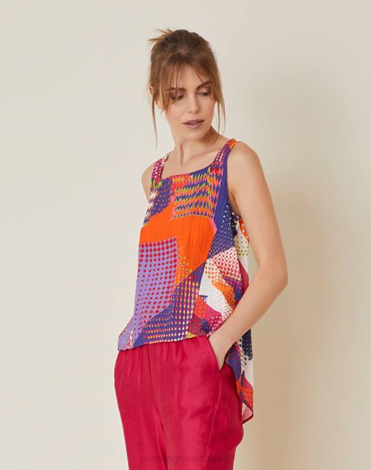 Manila Grace ملابس نحيف البنفسجي بلوزة برقبة مربعة وطبعة خليط Z2TJ275