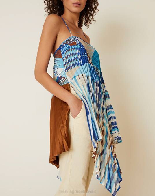 Manila Grace ملابس نحيف محيط أزرق جزء علوي بأشرطة مطوية وطبعات مختلطة Z2TJ276
