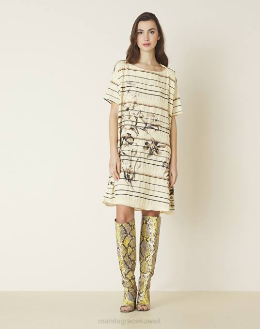 Manila Grace ملابس نحيف البيج الرملي فستان فضفاض مع طباعة مخططة وزهرية Z2TJ28